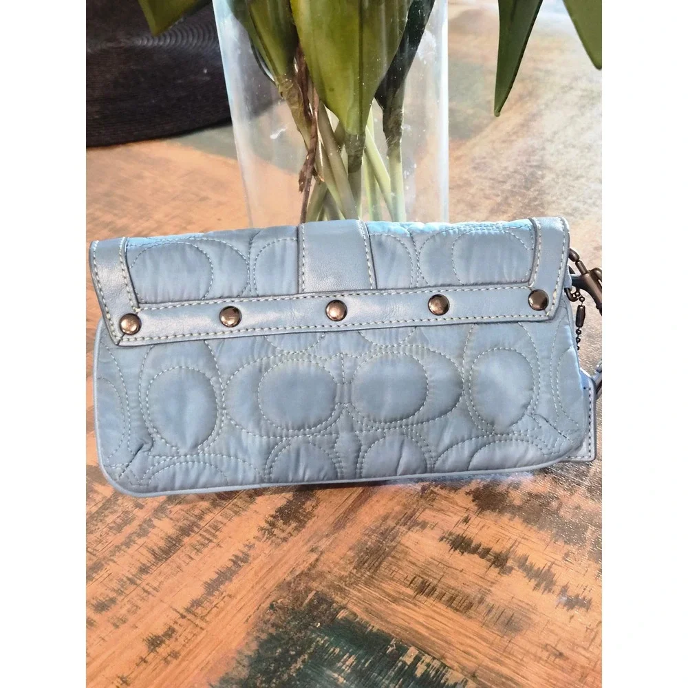 Coach Blue Quilted Signature Nylon Wristlet Buckle Pouch Bag